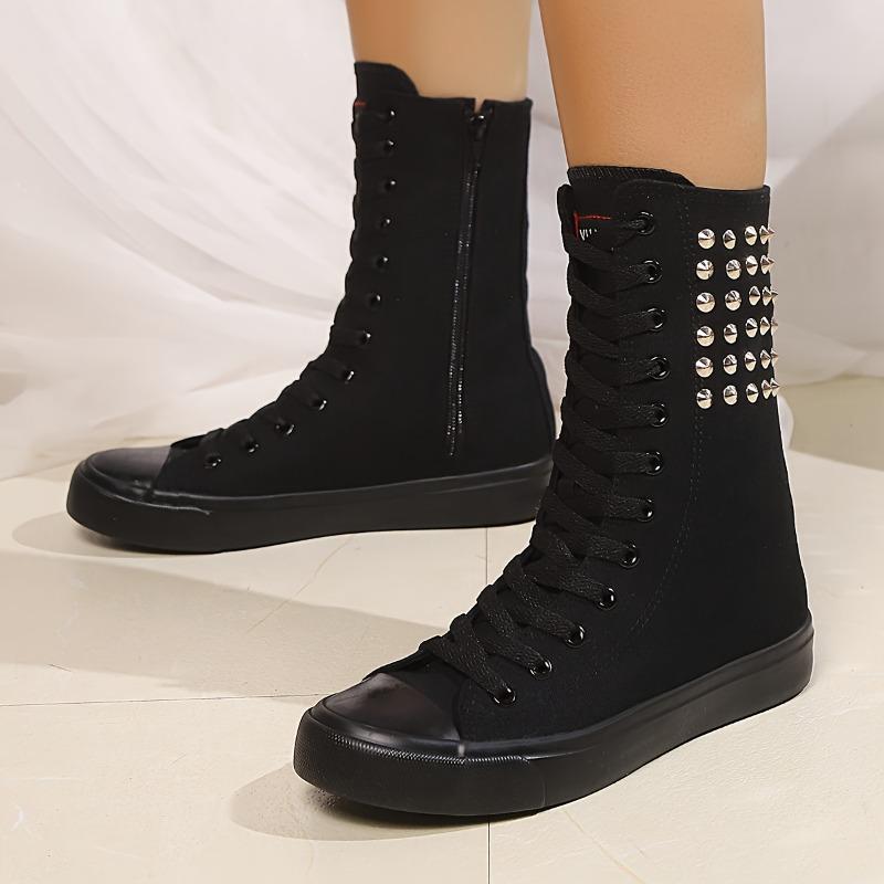 Short Front Lace-up Side Zipper Women's Shoes Inner Height Rivets Canvas Shoes Casual Shoes Trend Fashion