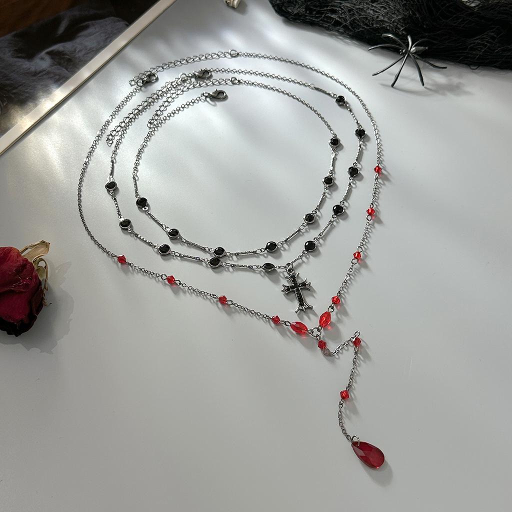 Gothic Dark Wind Cross Pendant Necklace, Fashion Crystal Chain Fringed Collarbone Chain Necklace