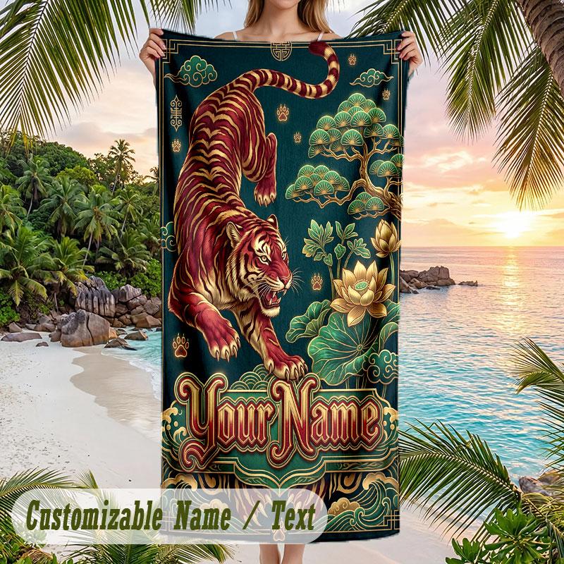 Tiger Art Poster Theme Quick Dry Beach Towel Custom Name Text Print Large Sand Resistant Towel Beach Vacation