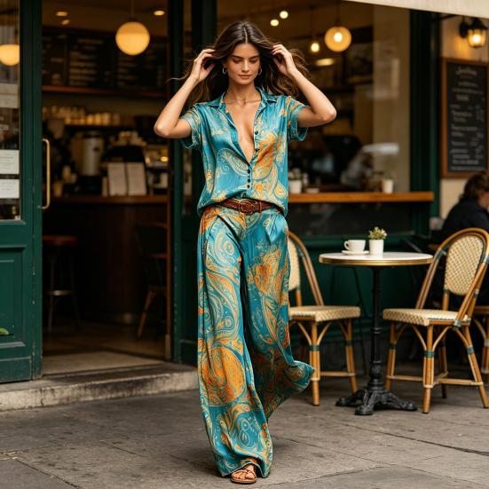 2-teilige Sets für Damen, Lässiges kurzärmeliges Hemd mit Knöpfen und Wide-Leg-Hosen-Kombinationen, Sommerliche bedruckte Urlaubs-Outfits