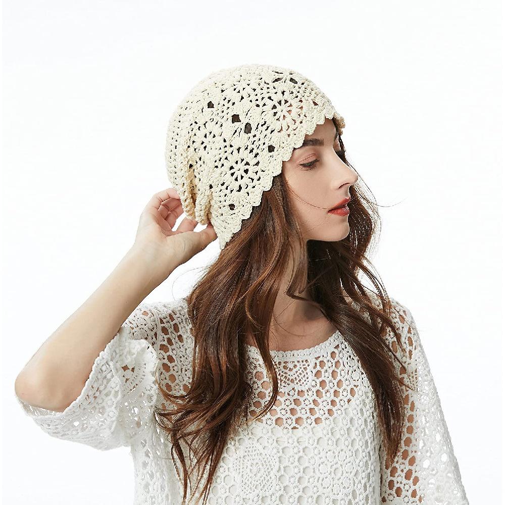 Damen-Mütze aus Baumwolle, gehäkelt, Slouchy, handgemachte Strickmütze mit Ausschnitt, Sommer-Blumen-Totenkopf-Mütze