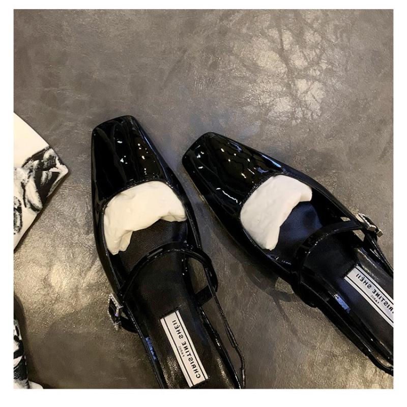 Mid Heels Office Lady Mary Jane Shoes Retro Patent Leather Square Head SlingbacksWomen with Thick Heels and Empty Sandals