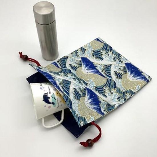 Kyo-Suke Made Japan Drawstring Bag Pouch Approximately 24.519cm Cotton Wooden Beads Kanran Ura Fuji Mountain Beige Japanese Pattern