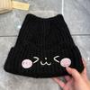 Cute cat ears embroidered wool hat female autumn and winter warm big head circumference showing small face cold-proof knitted hat cold hat