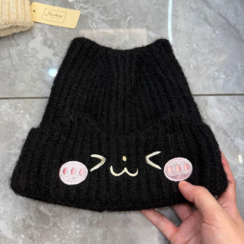 Cute cat ears embroidered wool hat female autumn and winter warm big head circumference showing small face cold-proof knitted hat cold hat