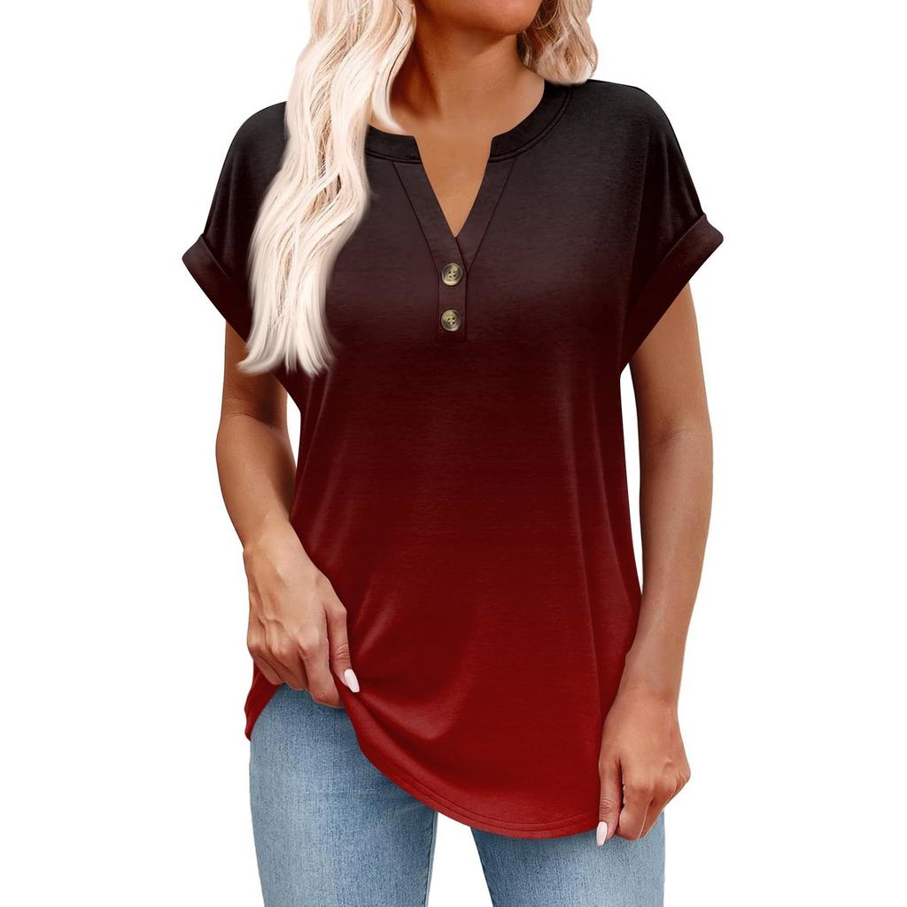 Women's Fashionable Casual Short-sleeved V-neck Button Printed Pullover Top