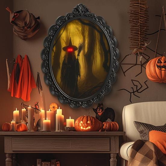 Halloween Holographic Witch Mirror Spooky Wall Mirror with Creepy Red Eyes for Haunted House Bedroom Indoor Decoration