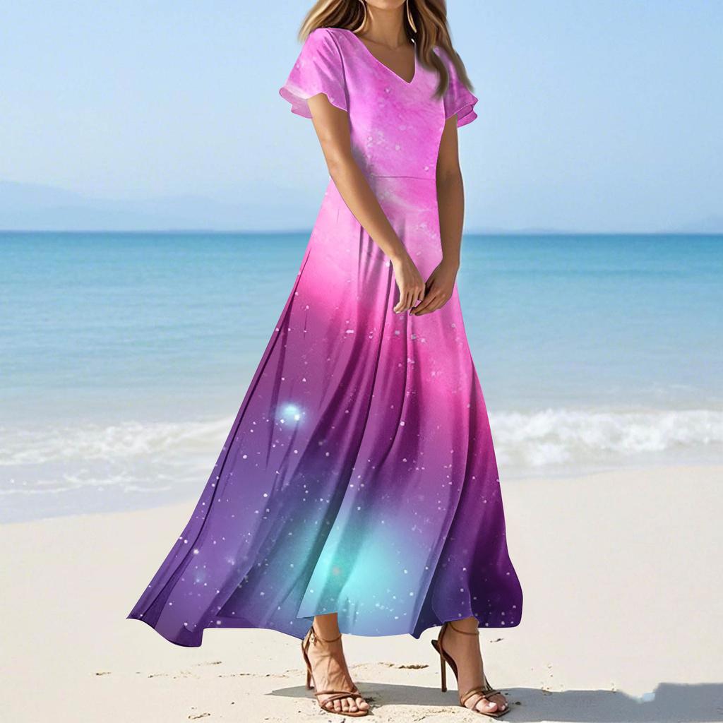 Women's Summer Casual Fashion -Print V-Neck Short-Sleeve Patchwork Dress