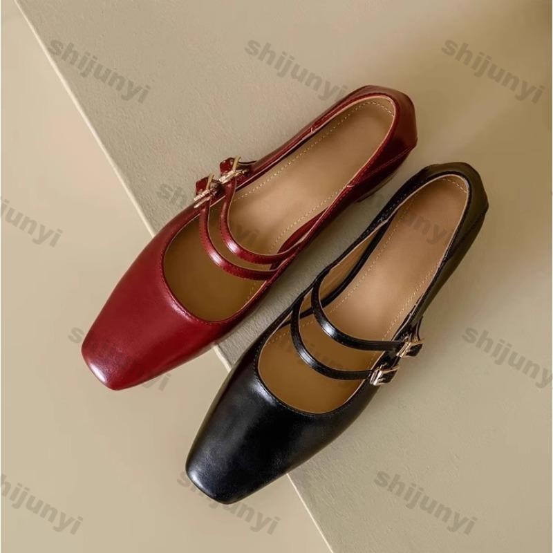 Women's Mary Jane Shoes 2025 Spring Autumn New Buckle Strap Luxury Leather Shoes Comfortable Square Toe Party Sexy Pumps