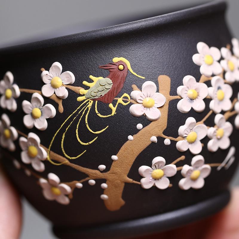 Purple sand mud painting applique flower and bird master cup kung fu teacup large capacity tea cup purple sand cup