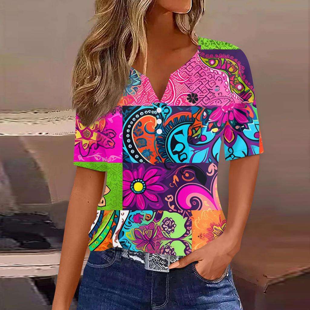 Damen T-Shirt mit Aufdruck und Knopfleiste, kurzärmelig, für den Alltag, Wochenende, modisch, Basic, V-Ausschnitt, normales Oberteil