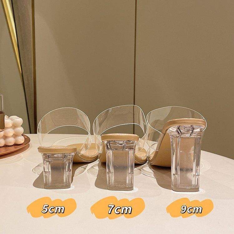 High heels sandals women's summer 2025 new fashion transparent middle heel crystal shoes fashion thick heel outer slippers