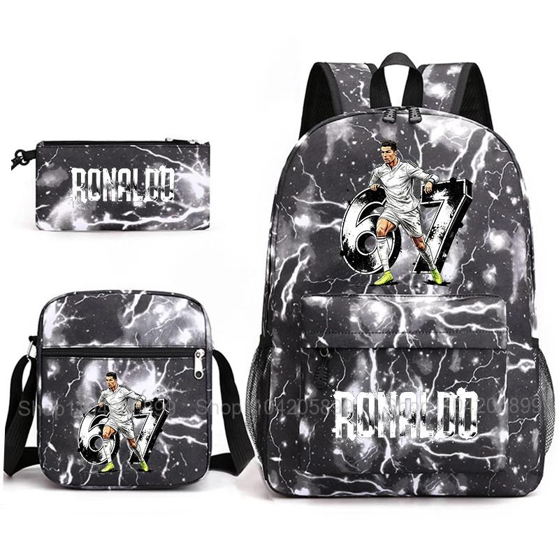 CR7 Ronaldo Backpack Football 67 Print School Bag With Shoulder Bag & Pencil Case For Student Boys Gift Daily Travel Rucksack