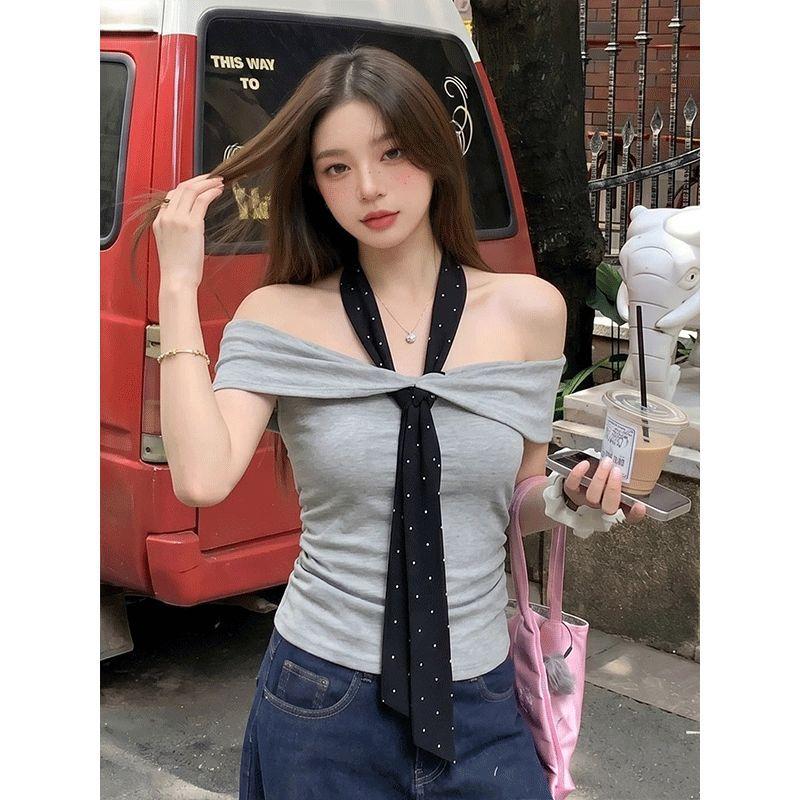 Song Jung-eun gray one-word shoulder short-sleeved t-shirt women's summer slim-fitting and thin Korean high-end temperament off-the-shoulder top