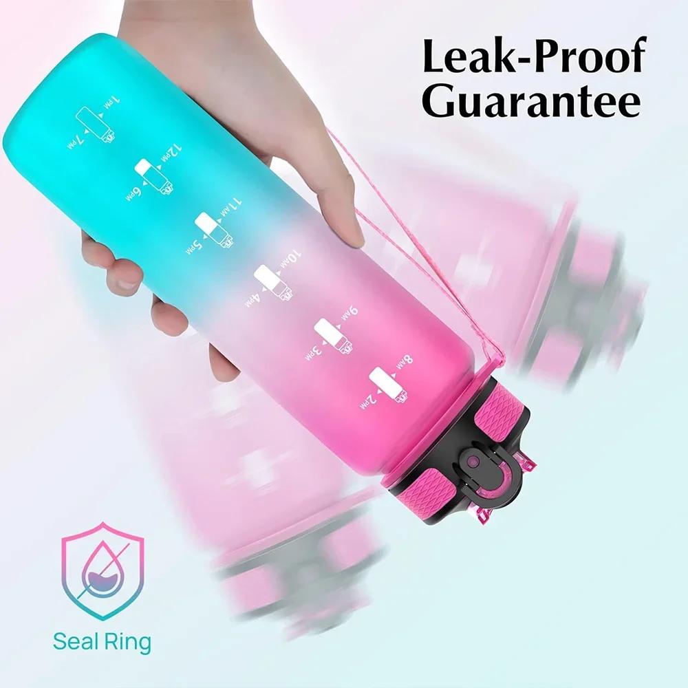 1L Gradient Color Motivational Sports Water Bottle with Time Marker Water Bottle with Straw for Office Exercise Gym Outdoor