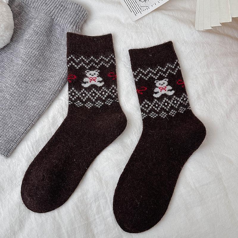 Retro Socks Female Cute Cartoon Bear Medium Tube Socks Warm Wool Stacking Socks Boneless