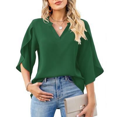Verão Decote V Solto Casual Escritório Blusa Feminina Elegante Manga Curta Pétala Babados Top Chiffon Moda Feminina Cor Sólida Camisas Simples Roupas Femininas