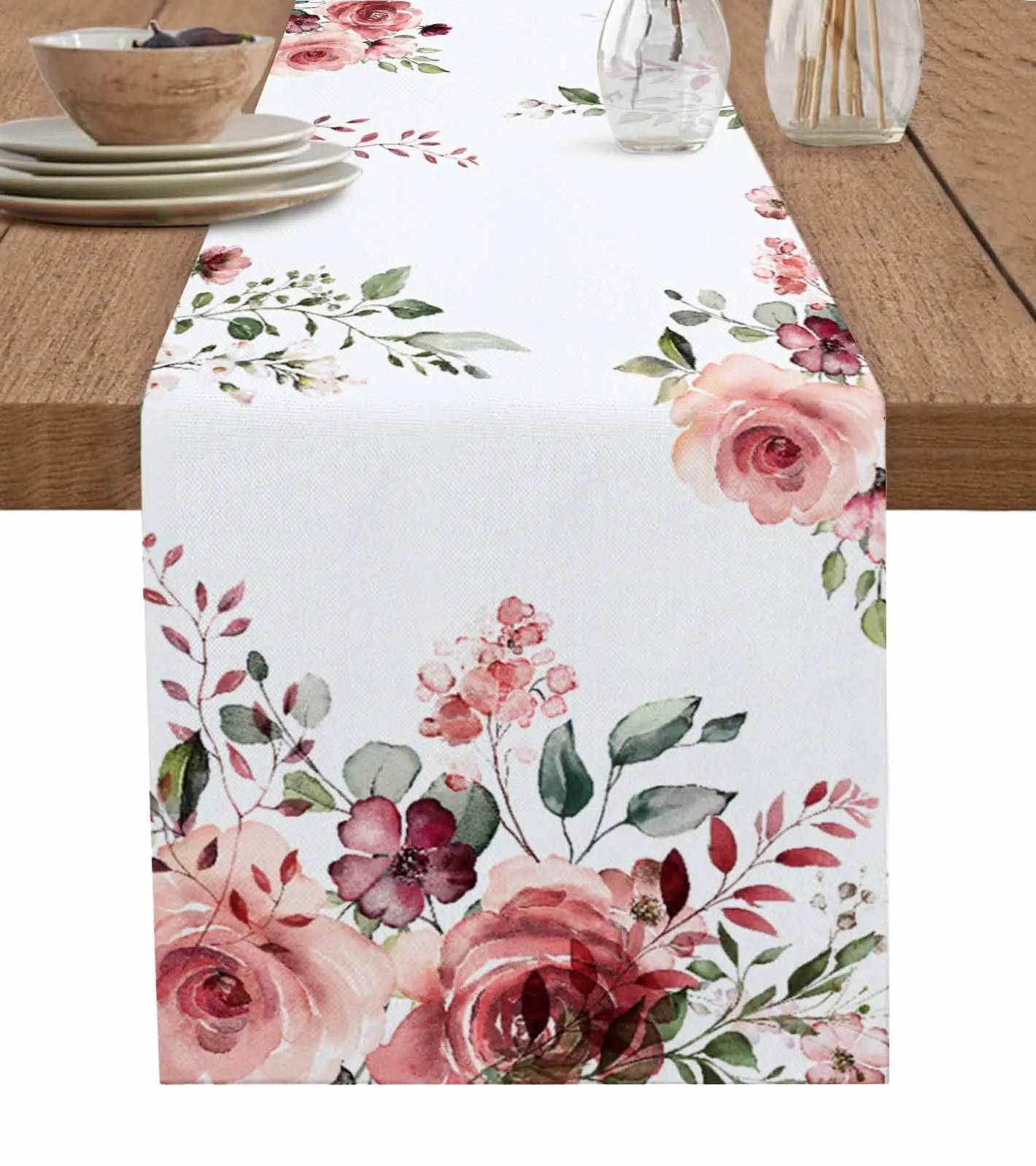 Roze Rozenbloemen Bladeren Linnen Tafelkleden Commode Sjaal Tafel Decoratie Feest Bruiloft Decoratie Keuken Eettafelkleden 150x33cm