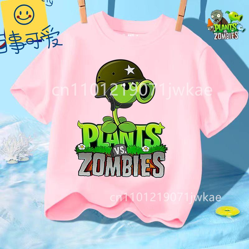 Sommer Rundhals T-Shirt für Jungen Mädchen Lässig Tägliche Kleidung Plants Vs Zombies Niedlich Kawaii Cartoon Mode Street Style 312Y