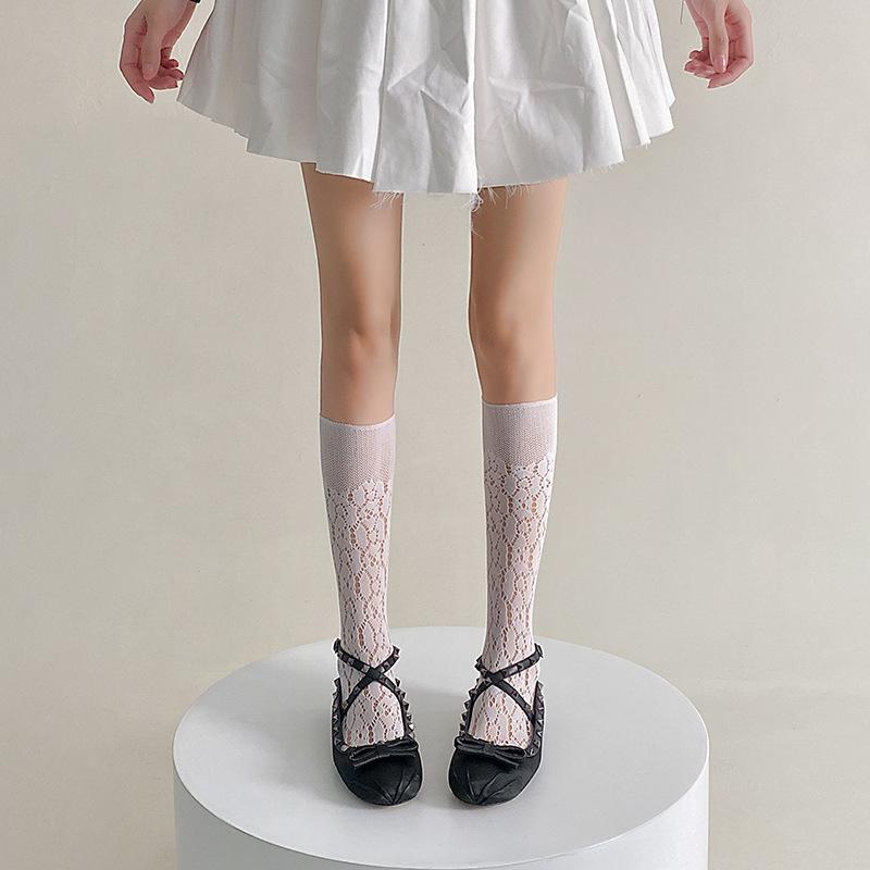 

Женские летние тонкие однотонные жаккардовые носки с кружевом и пузырчатым цветком 1 pair белый
