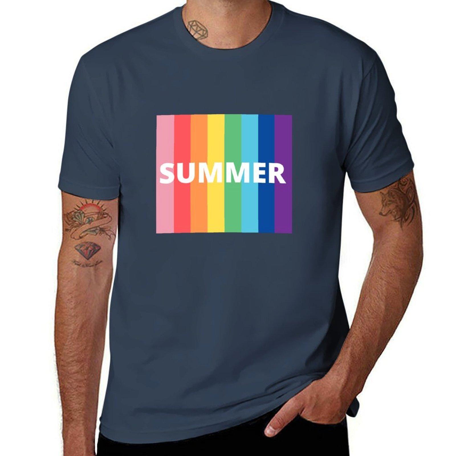 Summer Bright Rainbow Stripes Tshirt No Iron Casual Short Sleeve Top S