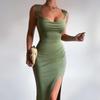 Women European Style Backless Sleeveless Lace Up Slit Slim Long Dress