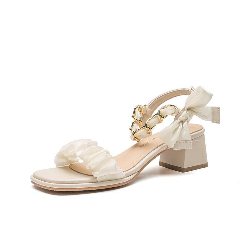 Leather Flat for Huizhou Women's Shoes Su Yinyin, the Same Style, One-word Strap Sandals Women's French Apricot High-heeled Sandals