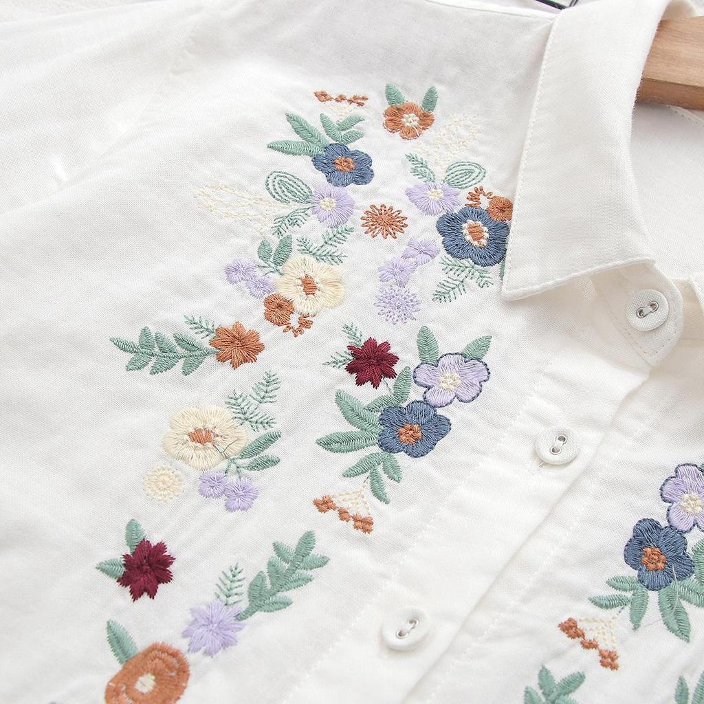 Femmes Col rabattu Hauts amples Fille Manches longues Blouses Broderie Printemps Chemises Fil double coton