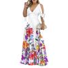 Women Maxi Dress Hollow Out Flower Print Tight High Waist Low-cut V Neck Bead Decor Floor Length A-line Patchwork Bow Half Sleeve Lady Dress
