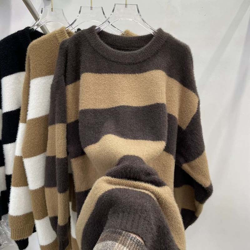 

Светр для жінок Осінь Зима Потовщений Смугастий Теплий В язаний Еластичний З довгим рукавом Топи XL коричневий