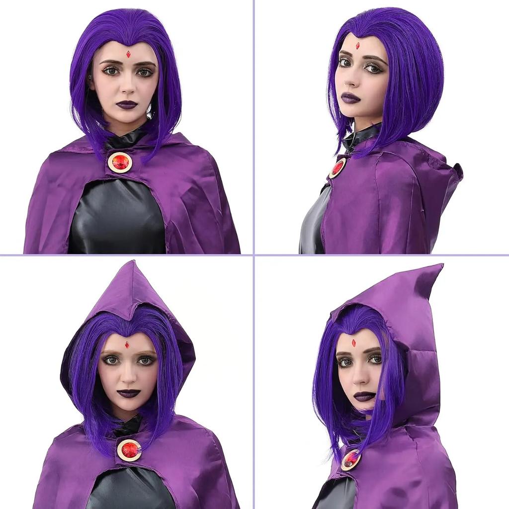 Women Raven Superhero Purple Short Bob Straight Wig with Widow's Peak Synthetic Hair Cosplay Wig for Halloween Costume Party