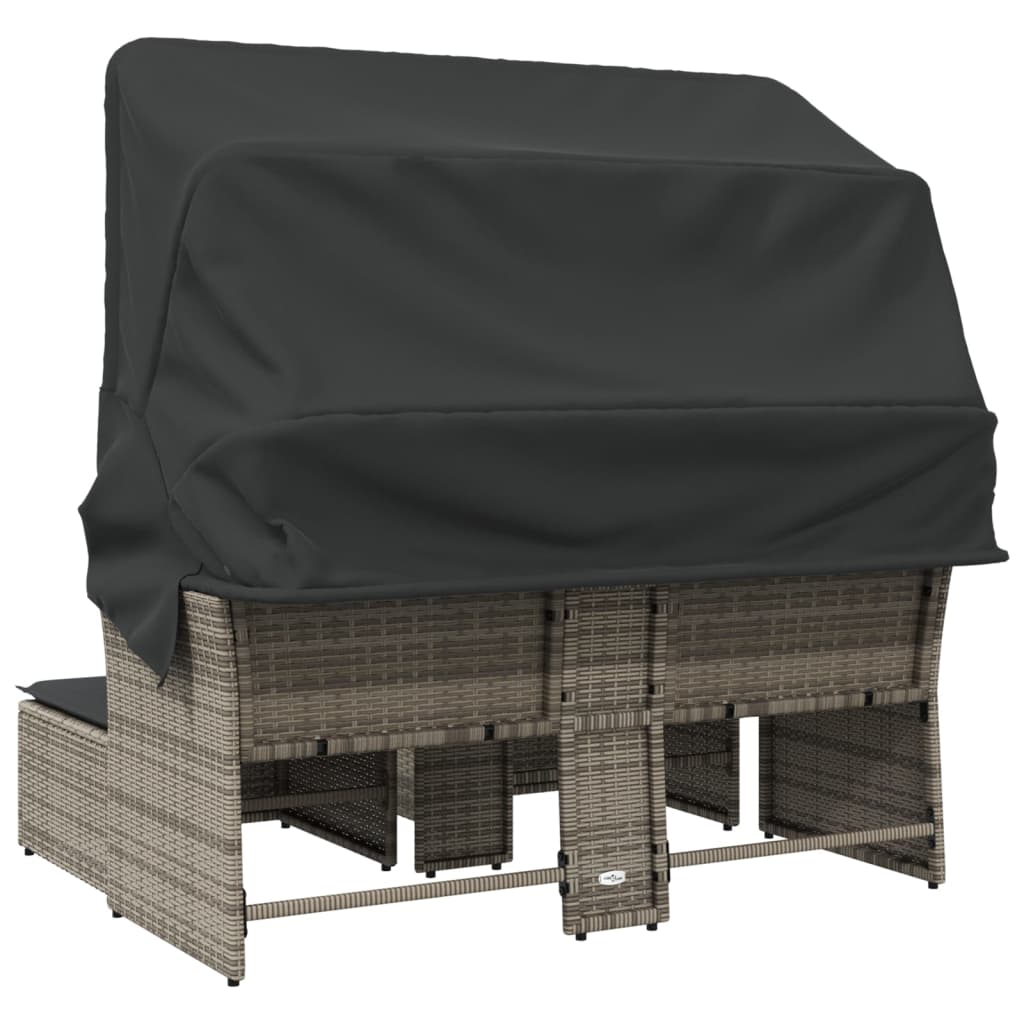 2 Seater Garden Sofa with Canopy and Footstools Grey Poly Rattan