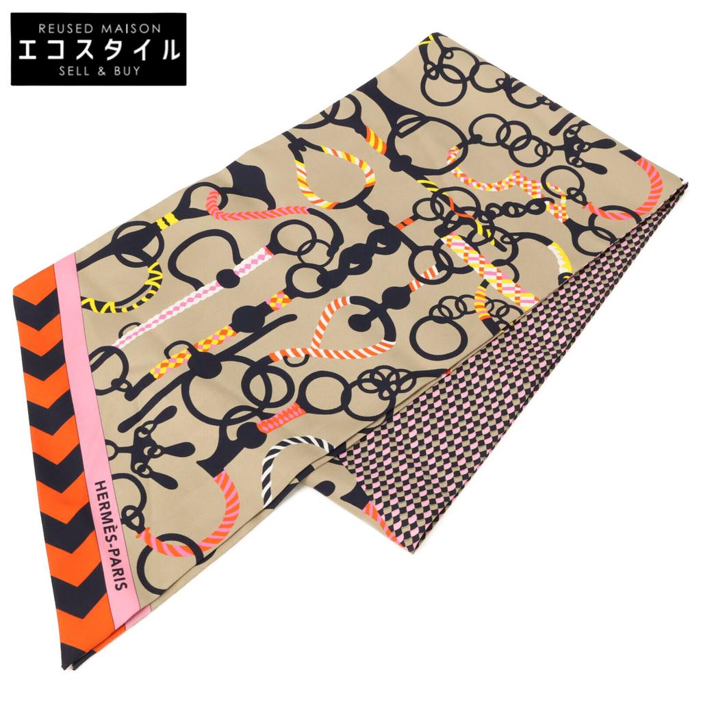 Hermes [Excellent Condition] 093267S 04 Mors Et Tresses Silk Maxi Twilly Cut Scarf Beige/Black/Rose VifUsed