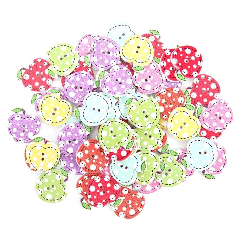 100PCS Two Holes Apple Shape Buttons Colorful Assorted Sewing Projects Wooden Buttons Decorative Buttons For DIY Clothing