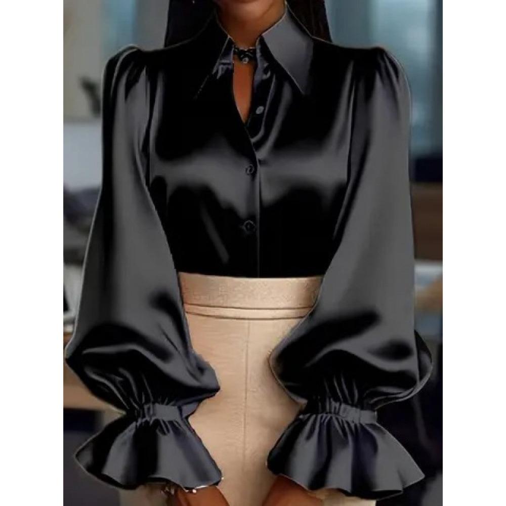 Women s Point Collar Long Sleeve Blouse A Line Elegant Solid Satin Office Shirt S