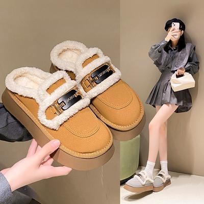 Samt-Taschenkopf-Halbschuhe mit dicker Sohle für Damen, Oberbekleidung 2025 neu, Winter, flauschige Slipper zum Hineinschlüpfen, Schneestiefel, Baumwollschuhe