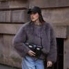 Cappotto Corto da Donna Grigio in Ecopelliccia Collo Tondo Ampio Manica Lunga Caldo Capospalla Stile Street Autunno Inverno