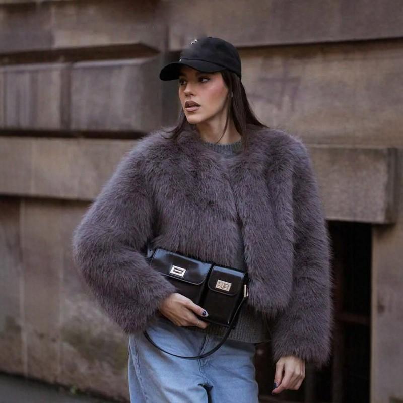 Cappotto Corto da Donna Grigio in Ecopelliccia Collo Tondo Ampio Manica Lunga Caldo Capospalla Stile Street Autunno Inverno