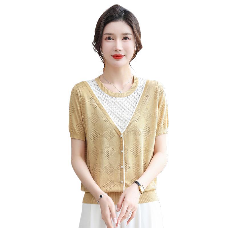 2026 Stylish Faux Two-Piece Short-Sleeve Knit Top for Mature Women, Lightweight Summer Ice Silk