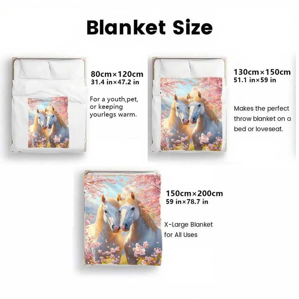 Cherry Blossom Horses Fleece Blanket Romantic Spring Scene Soft Flannel Throw Cover Artistic Animal Print Home Decor Gift for