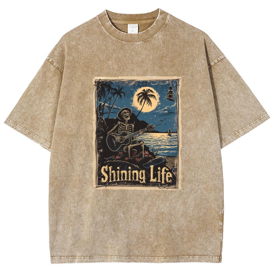 American Anime Movie Style Skull Print Washed T-Shirt Oversized Loose Unisex Couple Short Sleeve Comfortable High Street