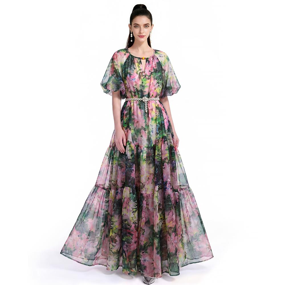 Summer Holiday Vacation Flower Print Long Maxi Dress Bohemian O-neck Short Sleeve High Waisted Chiffon Party Dresses Casual Robe