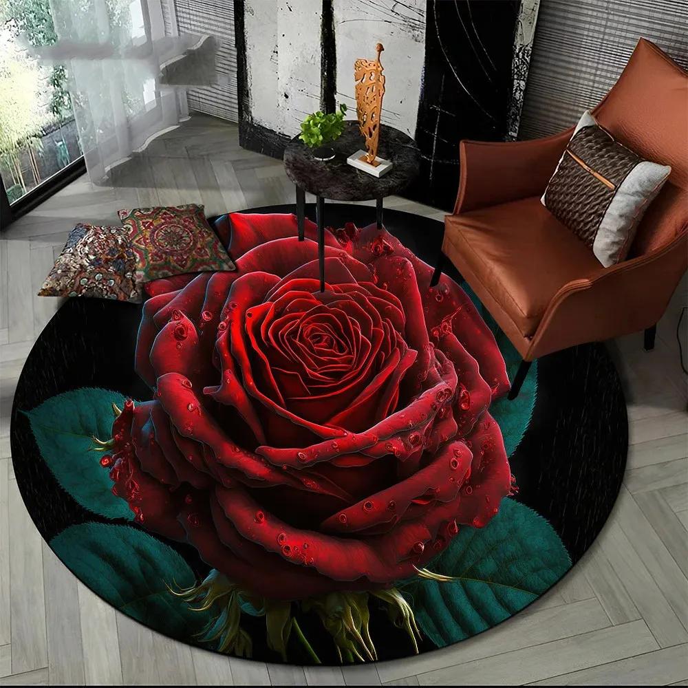 Pink Rose Flowers Round Carpet Romantic Floral Circle Rug Women Girls Bedroom Living Room Balcony Floor Mat Home Decor Doormat