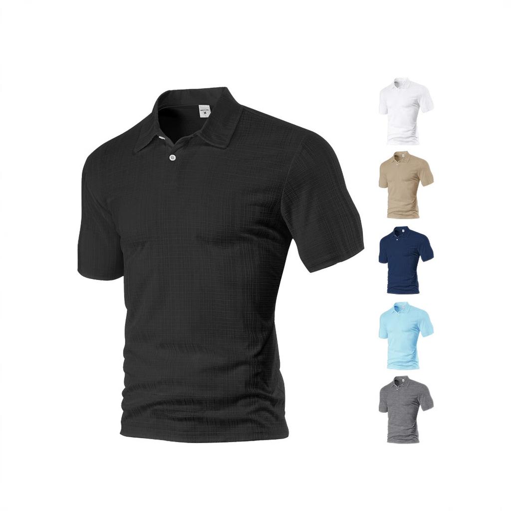 Solid Color Polyester Small Grid Lapel Shirts Men's Short Sleeve Polo Shirts