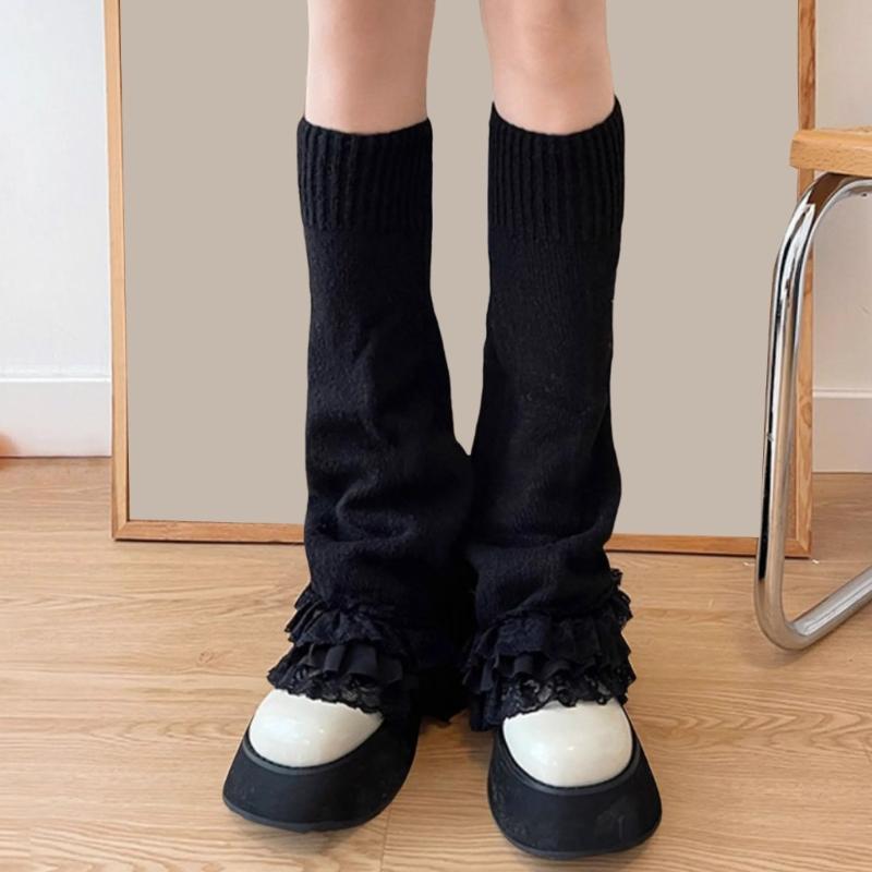Damen Mädchen Fairycore Gestrickte Beinwärmer Ausgestellte Stiefelsocken Japanische JK Lagenlook Rüschen Spitzenbesatz Fußabdeckungen Streetwear
