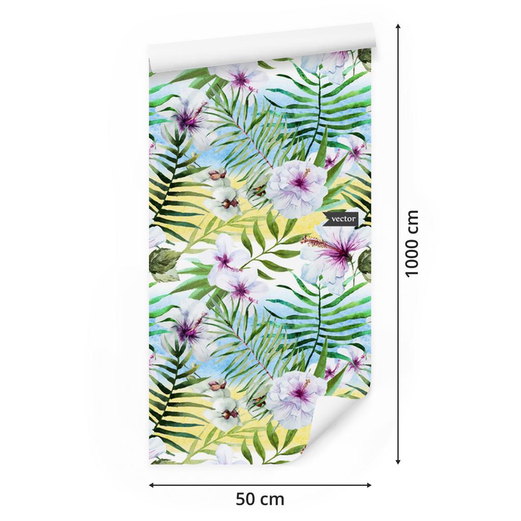 Hibiscus, orchid and palm leaves wallpaper for living room and bedroom 50x1000