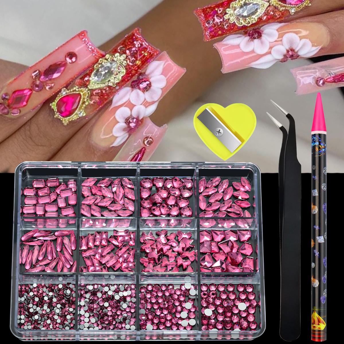 

Стеклянные кристаллы для нейл-арта AB, стразы-самоцветы, 12 ячеек, смешанные формы, сердце, плоское дно, хрустальные 3D украшения, шармы, бриллианты для ногтей, материалы роза розовый