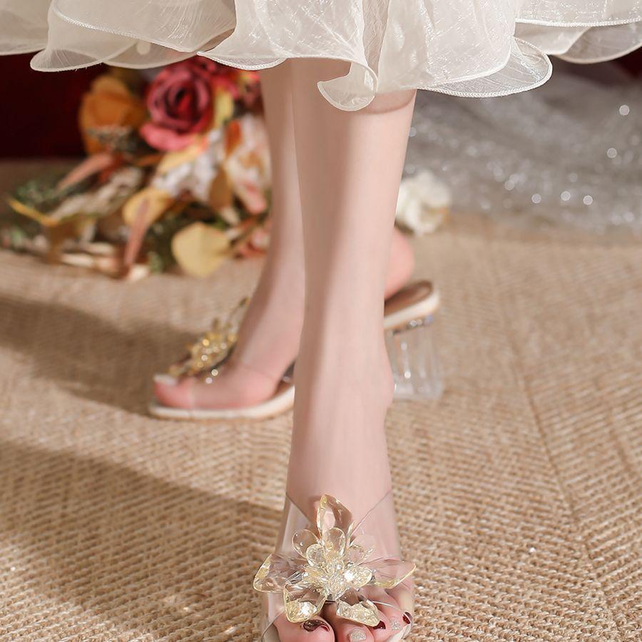 2025 Small Size Thick Heel Transparent Crystal Heel High Heel Sandals Women's Summer Rhinestone One-word Slippers Versatile with Skirt Slippers