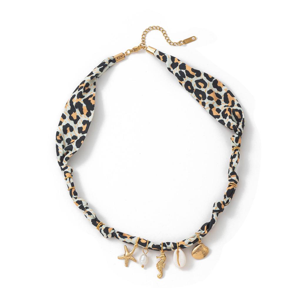 Colorful Marine Life Necklace with Shell Pendants & Silk Scarf - Gold Plated, European & American Beach Series