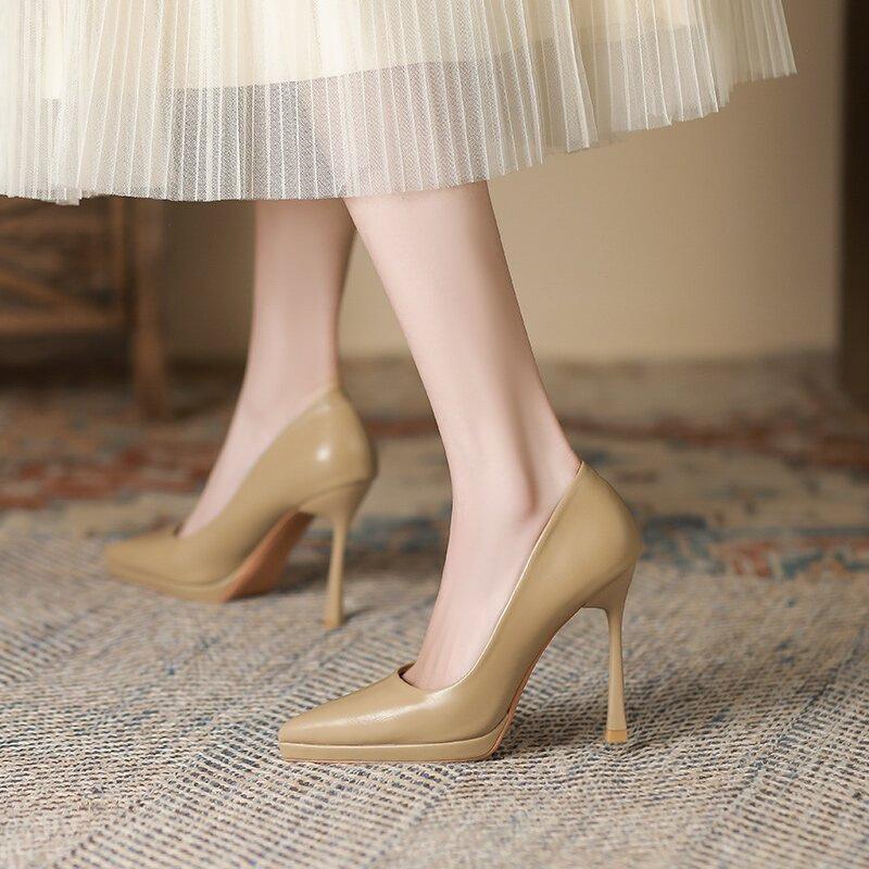 Pointed Temperament Waterproof Table Stiletto High Heels 2025 New Nude 11cm Internet Celebrity Sexy Patent Leather Single Shoes Women